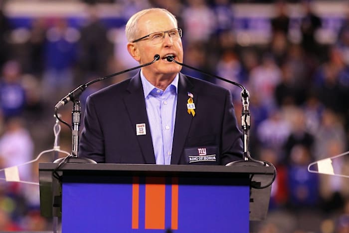 Nov 14, 2016; East Rutherford, NJ, USA; Former New York Giants head coach Tom Coughlin speaks during his New York Giants Ring of Honor induction ceremony during the first half at MetLife Stadium.